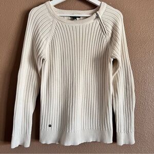 Lauren Ralph Lauren Cream Ribbed Crew Neck Sweater with Zipper Detail Size Large